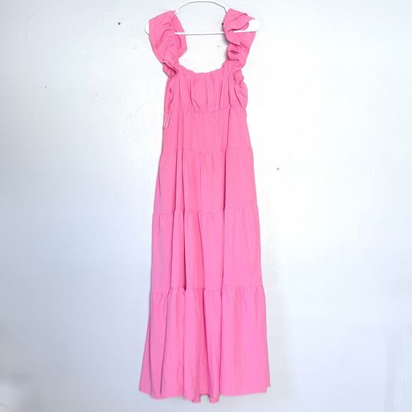 English Factory Maxi Dress Small Pink V-Neck Sleeveless Tiered Barbie Preppy - Picture 2 of 5